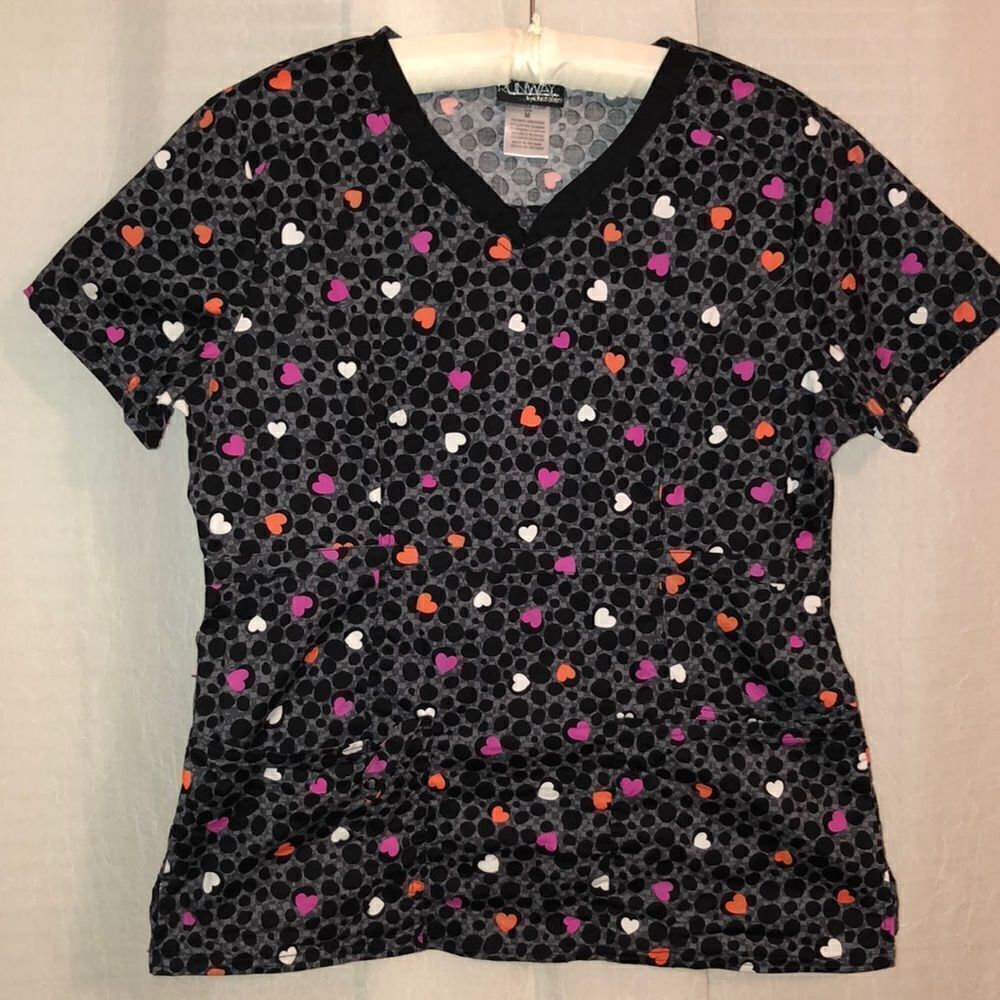 Runway M Cotton Black White Pink Peach Polka Heart Pebbles V Neck Scrub Top